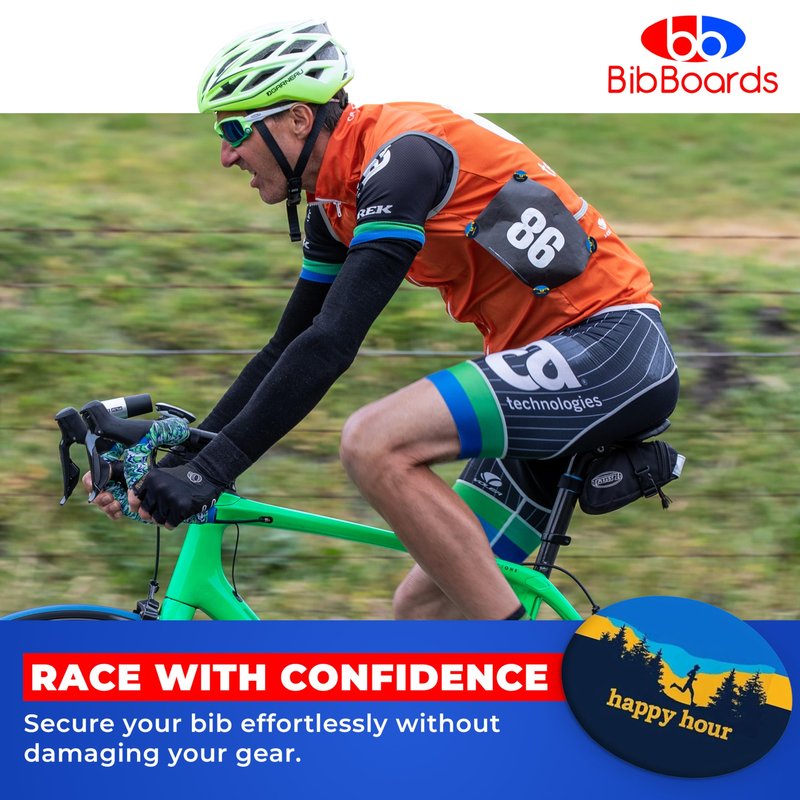 bibSNAPS Race Bib Clips - Safety Lock Fasteners - Secures Running, Marathon, Cycling, and Event Numbers, Non Magnetic, Easy to Use, Soft & Reusable, Replacement for Pins & Magnets - Happy Hour (4pcs)