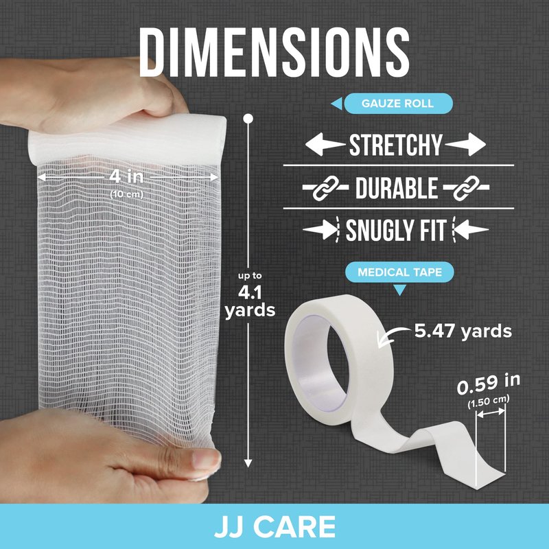 JJ CARE Gauze Rolls Pack of 24, Individually Wrapped Gauze Bandage Roll, with Bonus Medical Tape, 4 inches x 4.1 Yards Rolled Gauzes