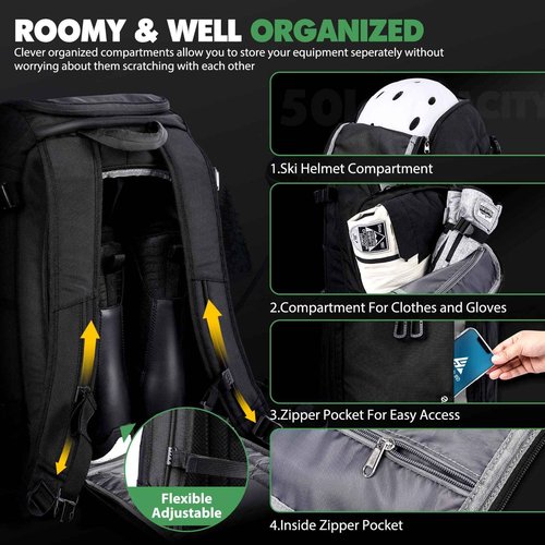 Hikenture Ski Boot Bag Backpack, 50L Padded Ski Bag Snowboard Boot Bag with Drain Holes, Large Capacity Water-Resistant Ski Travel Bag for Ski Boots, Helmet, Goggles, Clothes, Gloves, Snowboard Gear