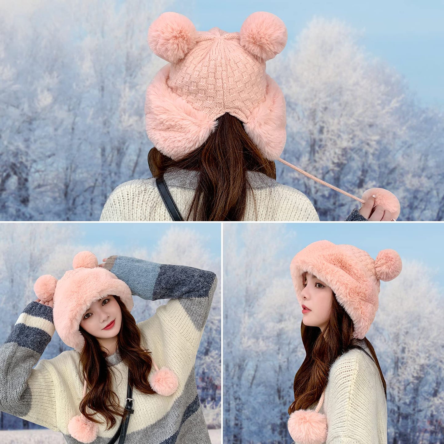 Peicees Winter Beanie Hats for Women Warm Knit Skull Cap Fur Hat with Pompom Russian Ushanka Trapper Hat Ear Cover Pink