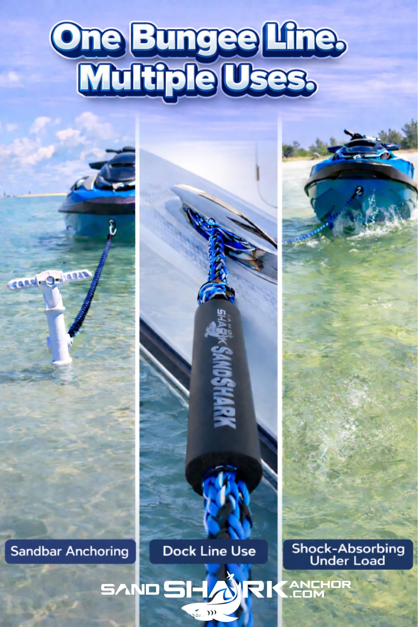 SandShark Premium Anchor Bungee Dock Line. Boat Accessories Anchor Line Absorbs Shock to Anchors and Docks w/Stainless Steel Clip - Black - 7-14ft