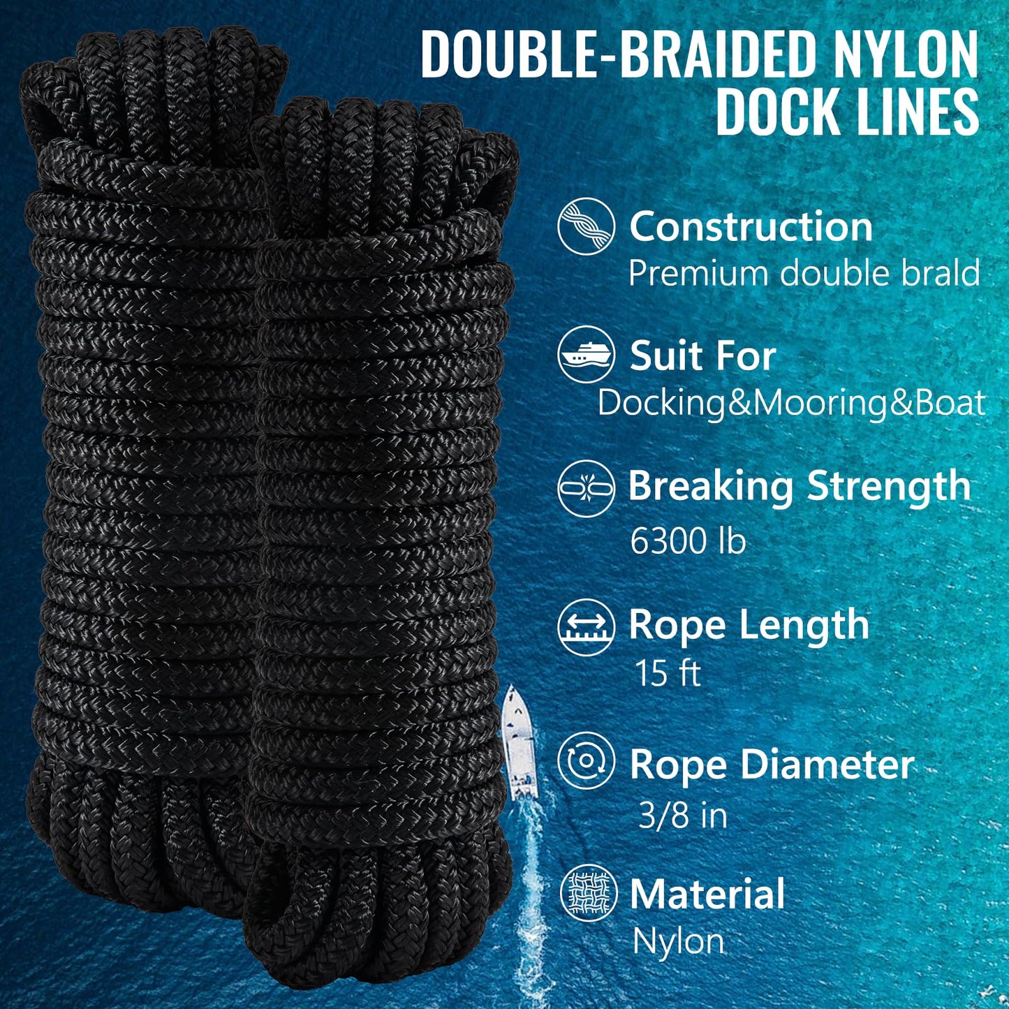 PropelTech 4 Pack 3/8" x 15’ Boat Dock Lines for Boat & Pontoon, Premium Marine- Grade Double Braided Nylon Dock Line, Pre-Spliced with a 12" Eyelet-Black,Boating Gifts for Men