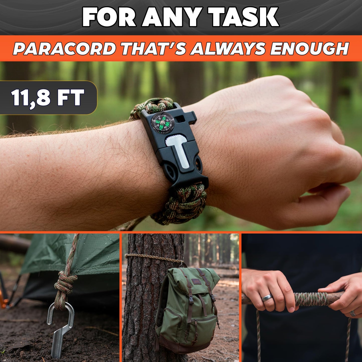 NADOBA Paracord Bracelets, Set of 2, 11.8 ft Nylon Cord (Black & Camo)