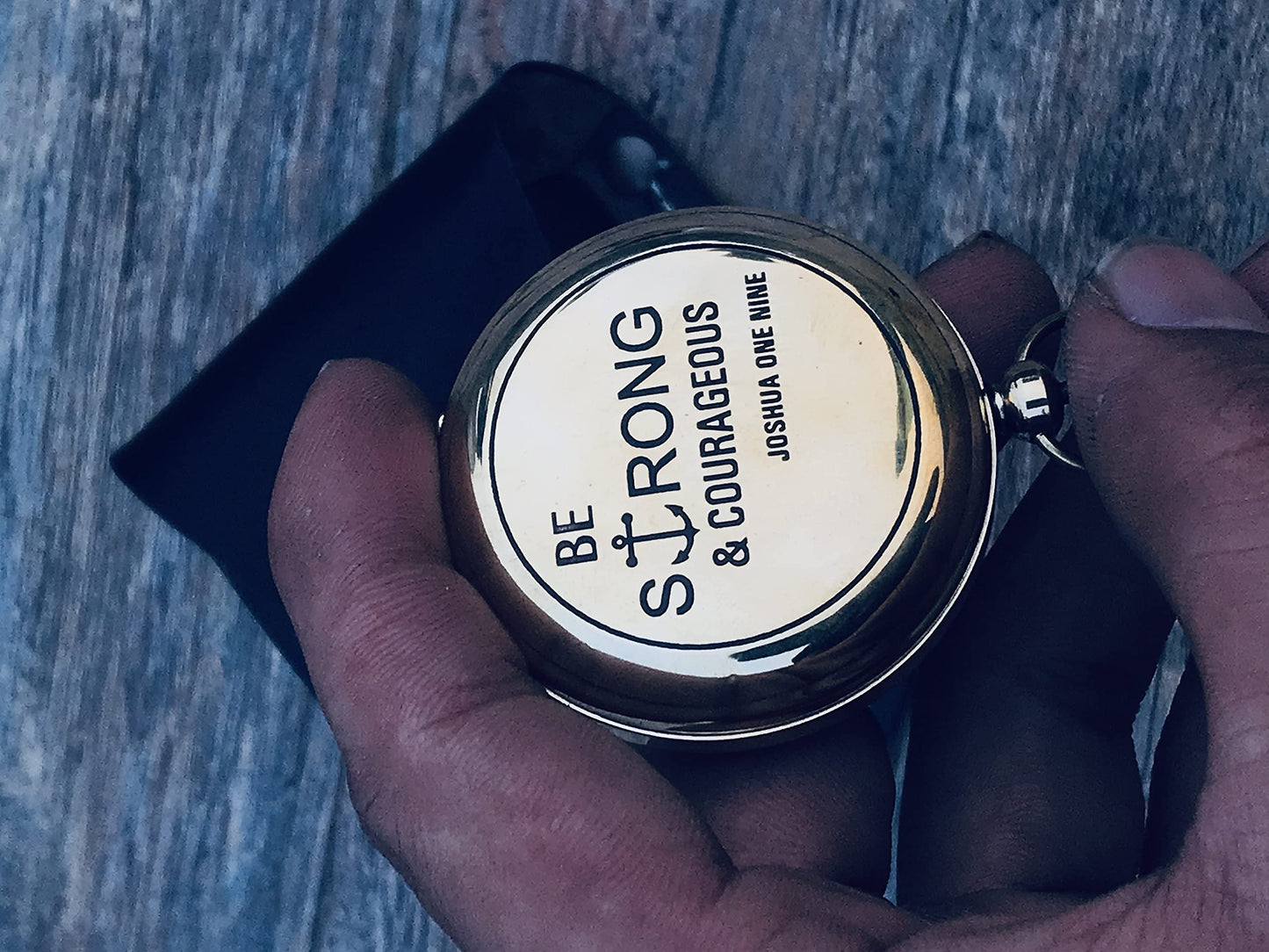 KNB HANDICRAFT Brass Engraved Pocket Compass with Leather Case | Be Strong and Courageous Gift Compass, Push Button 5 cm Confirmation Ideas, Baptism Gifts