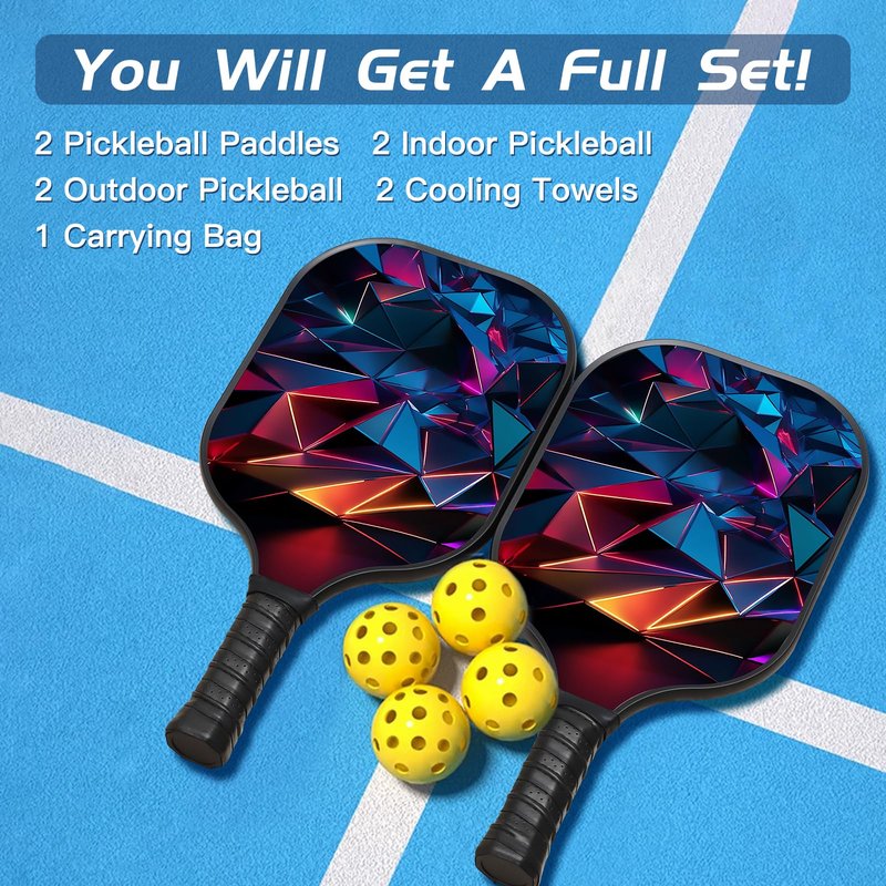 YULISKY Pickleball Paddles, Fiberglass Surface Pickleball Set of 2, Lightweight Pickleball Rackets, with 4 Balls, 2 Cooling Towels & 1 Carrying Case, Pickle Ball Paddle Set for Indoor Outdoor
