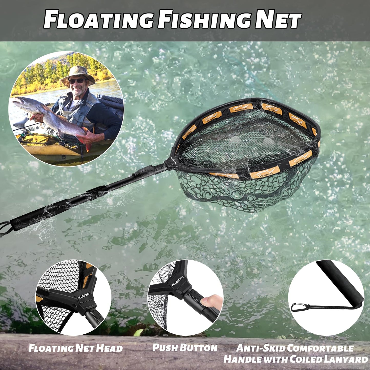 PLUSINNO Fishing Net Fish Floating Landing Net, Kayak Nets with Fixed Foldable Telescopic Pole Handle,Bass Trout Fishing Nets with Nylon Mesh for Pond Lake River,Fishing Gear Gifts for Men Orange 1.0M