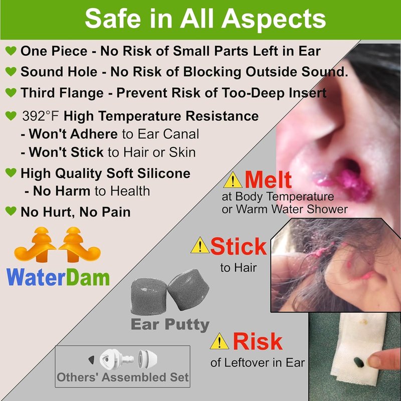 WaterDam Swimming Ear Plugs - Waterproof Earplugs for Swimmer's Ear Prevention | Kids & Teens (Size 2: 6-14yrs) - Green, Orange, Pink