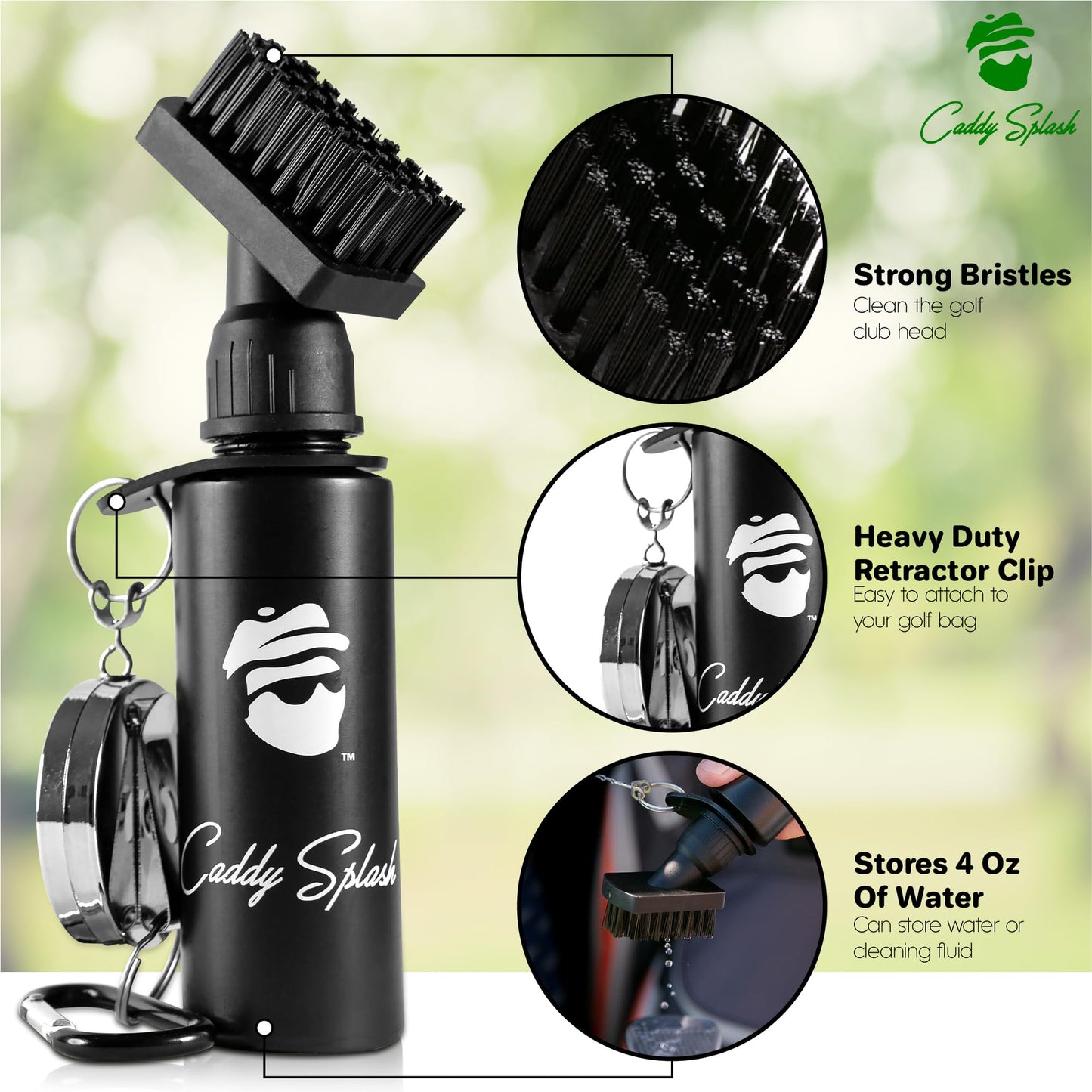 Caddy Splash Premium Golf Club Cleaner with Water - Heavy Duty Retractable Clip- Squeeze Bottle for Easy Cleaning with Nylon Bristles- Holds 4 Oz Water - Golf Accessories- USA Company (2, Black)