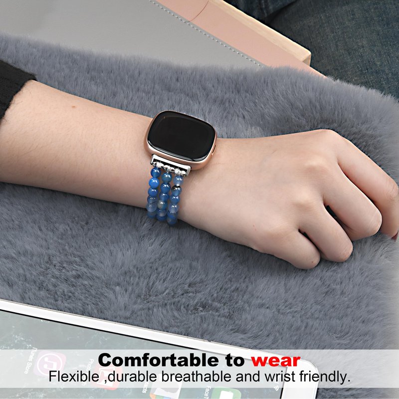 AWSMOR Beaded Band Compatible with Fitbit Versa 4/Versa 3 Bands/Fitbit Sense 2/Sense Bands for Women, Handmade Crystal Beads Stretchy Watch Bracelet for Versa 4 （Blue Agate)
