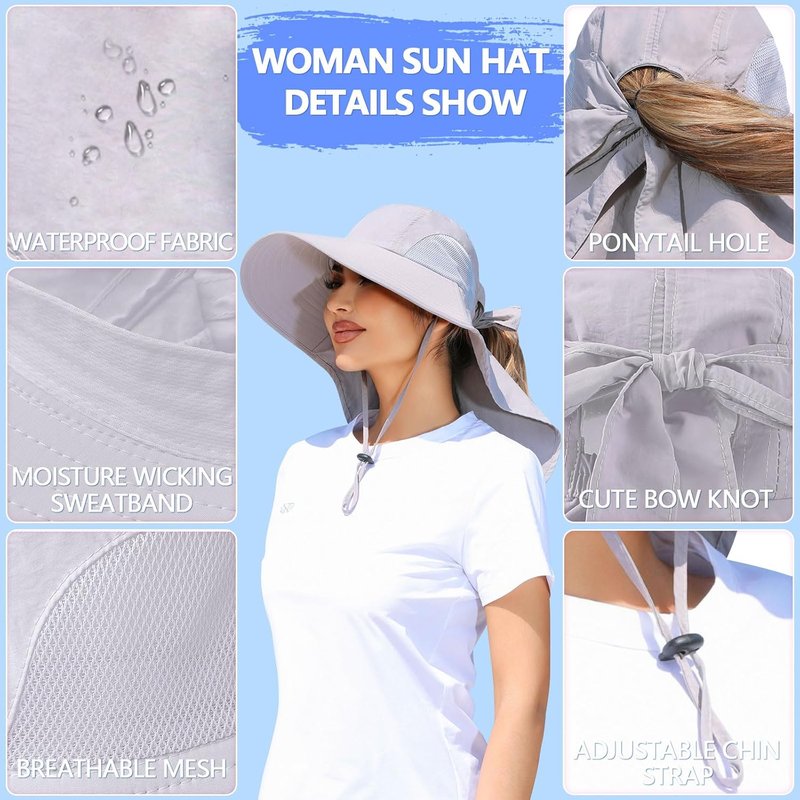 Ponytail Sun Hat - UPF 50+ Wide Brim for Hiking, Camping & Fishing | Light Gray & Watermelon Red