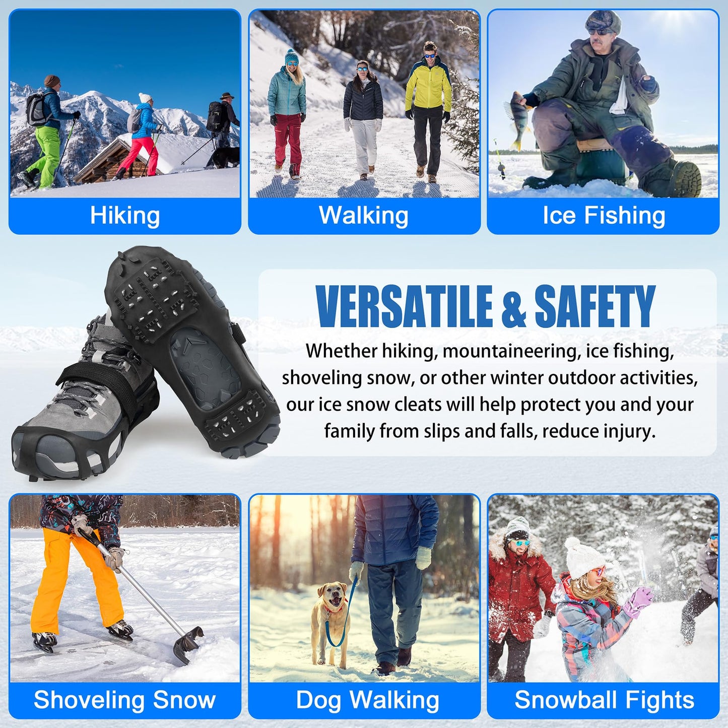Ice Cleats, Crampons Snow Traction Ice Cleats for Shoes and Boots Women Men, Non Slip Grippers Spikes for Shoes with Straps, Slip-on Rubber Overshoe Stretch Footwear for Winter Walking Hiking Fishing