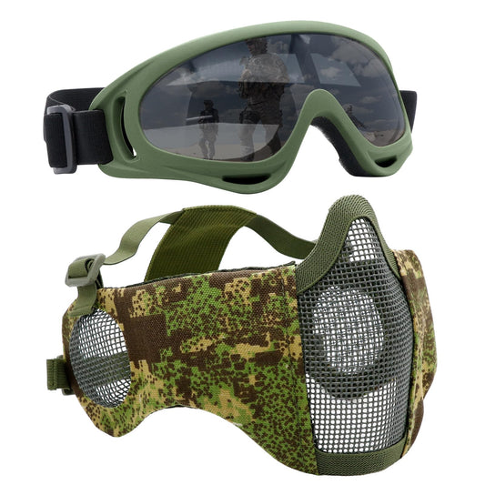 Yzpacc Airsoft Mask with Goggles, Foldable Half Face Airsoft Mesh Mask with Ear Protection for Paintball Shooting Cosplay CS Game