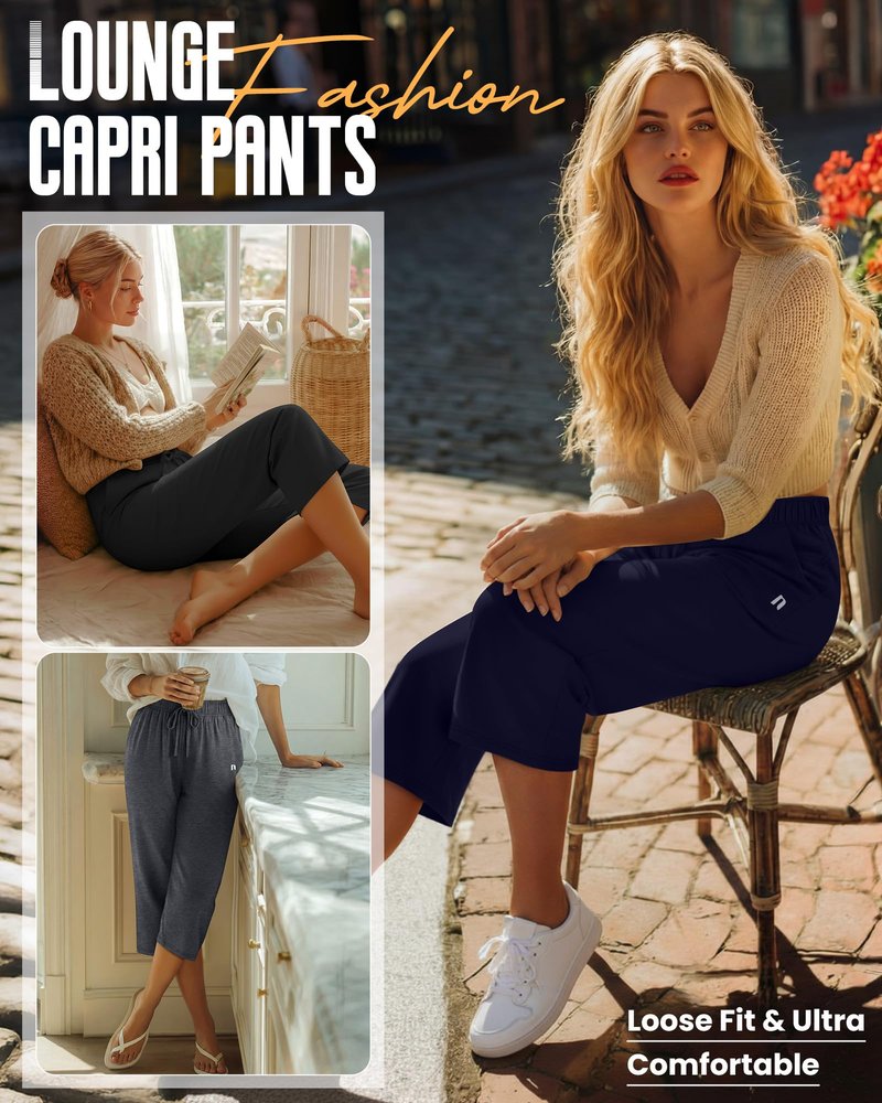 Neer 3 Pack Women's Capri Pants, Wide Leg Basic Sweatpants Lounge Loose Fit Casual Drawstring Yoga Capris with Pockets(Black, Dark Mixed Gray, Navy Blue,X-Large)