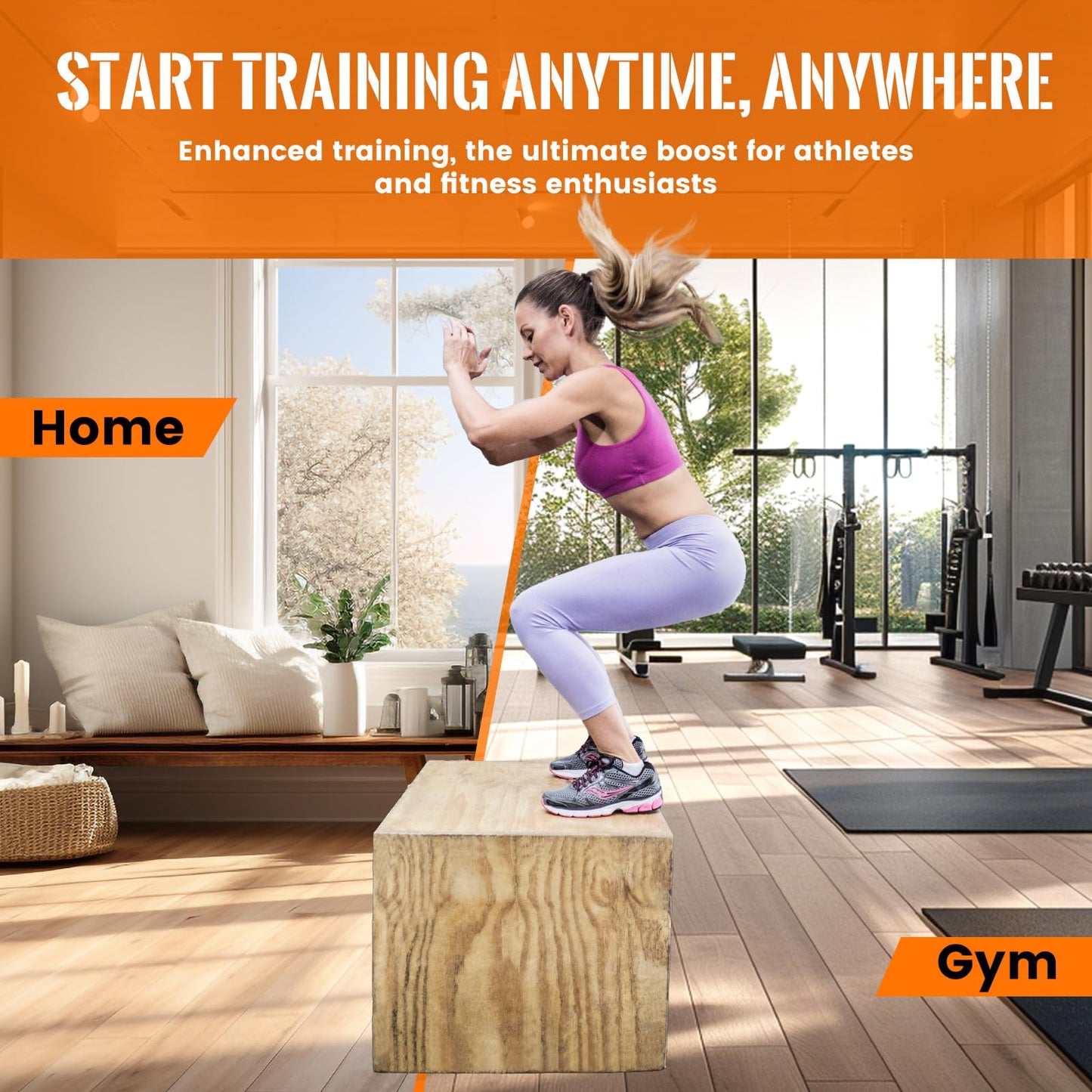 CAELUM 3-in-1 Wood Plyo Box - Non-Slip Plyometric Jump Box for Home & Gym, 400lbs Bearing Fitness Launch Box for Jumping Squats Step-ups Strength Training (‎16" x 14" x 12")