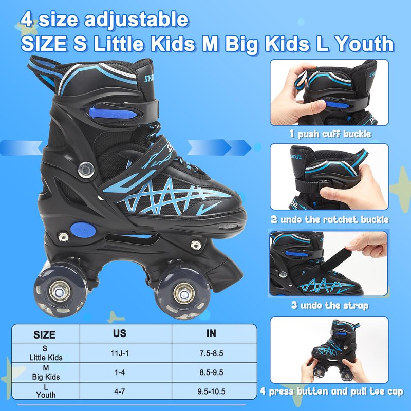 SHDSL Kids Roller Skates for Boys Girls Kids, 4 Sizes Adjustable Quad Skates with All Light up Wheels - Birthday Gift for Indoor Outdoor Sports Patines para niñas