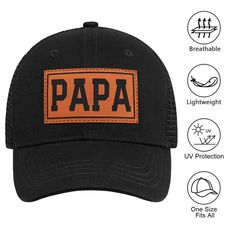 Great for Grandpa, Papa Gifts from Grandkids - Black Trucker Hat with Vintage Leather Patch