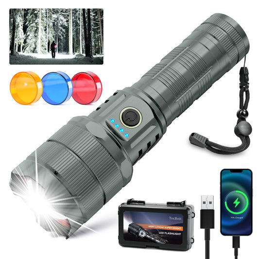 TECBOTT Rechargeable Flashlights 900000 High Lumens Super Bright LED Flashlight High Powered Tactical Flashlights Zoomable 5 Modes IPX6 Waterproof Handheld Flash Light for Camping Outdoor Emergencies