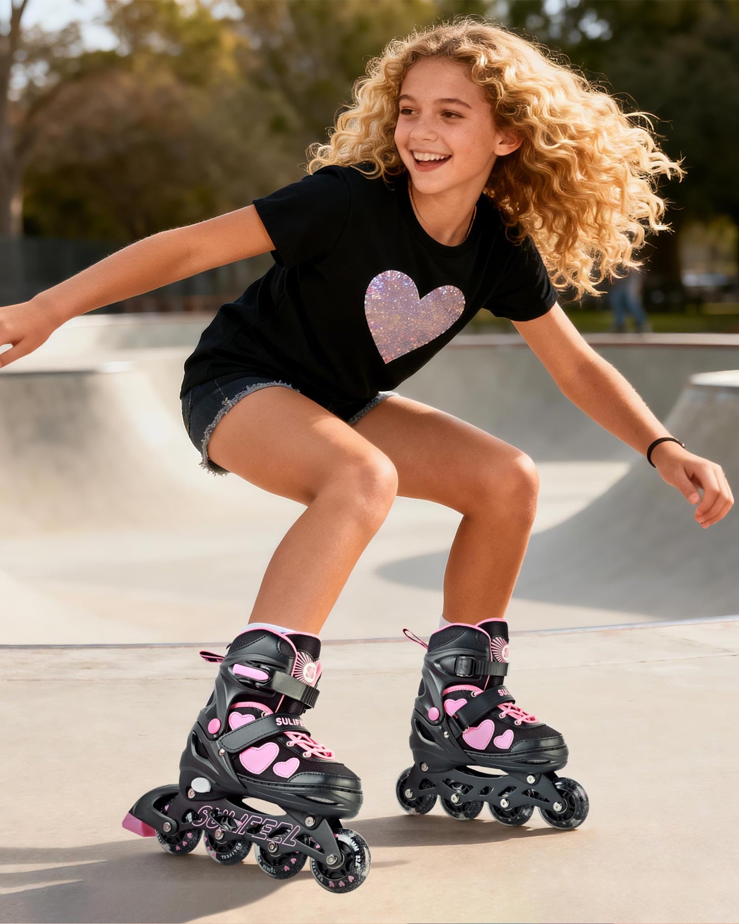 SULIFEEL Love Hearts 4 Size Adjustable Kids Inline Skates for Girls with Fluffy Pom Light Up Wheels Ages 3-12 Girls Birthday Gift for Indoor Outdoor Sports