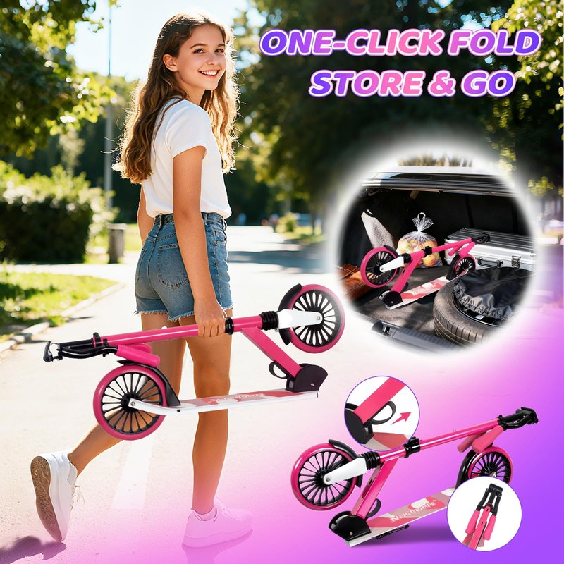 Nattork Kick Scooter for Teens Adults, Max Load 240 LBS, Adjustable Height Foldable with 8" Large Wheels, Anti-Shock Suspension Hot Pink