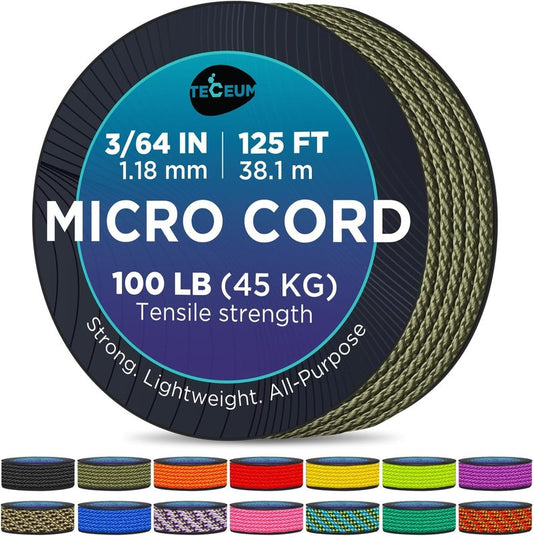 Micro Paracord - 1.18 mm x 125 ft Durable Braided Utility Cord for Crafting, DIY, Fishing & Camping | Survival Strong String