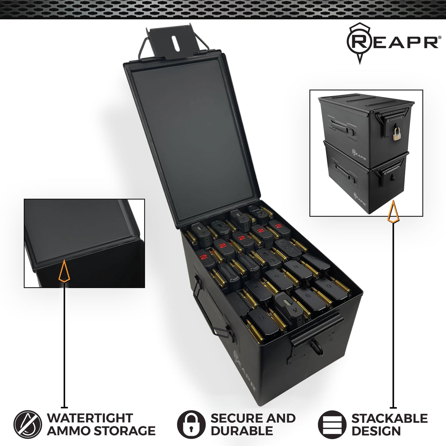 Reapr XL Ammo Box – Lockable Heavy Duty Steel Ammo Can for 9mm, 223, 50 Cal, Airtight Military Storage Case for Tools, Gear or Ammunition, Water Resistant Metal Footlocker Style Organizer