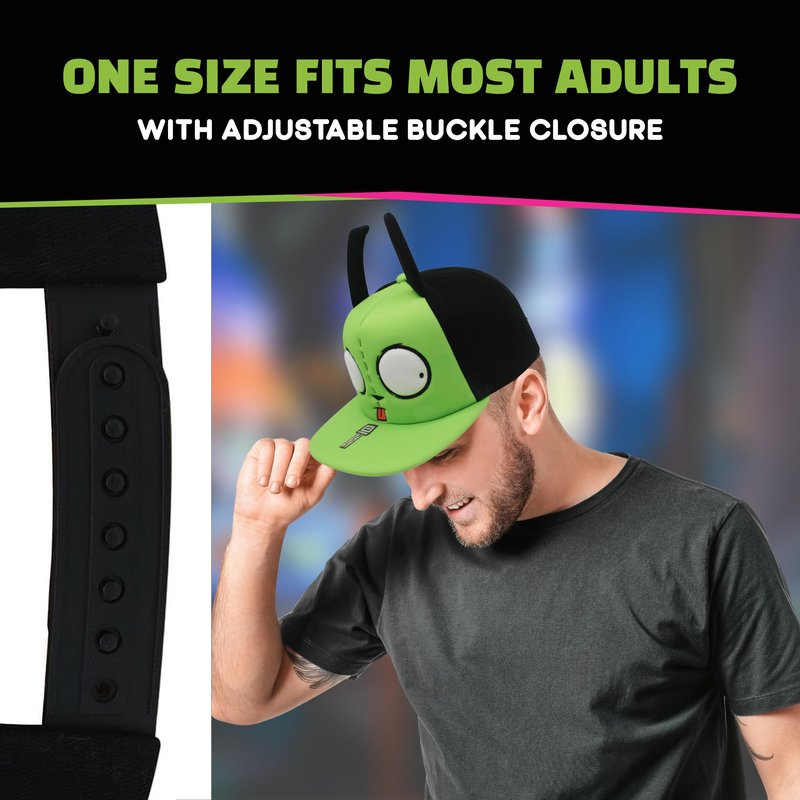 Invader Zim Baseball Cap, Gir Adult Snapback Hat with Flat Brim and 3D Ears and Eyes, Multi, One Size