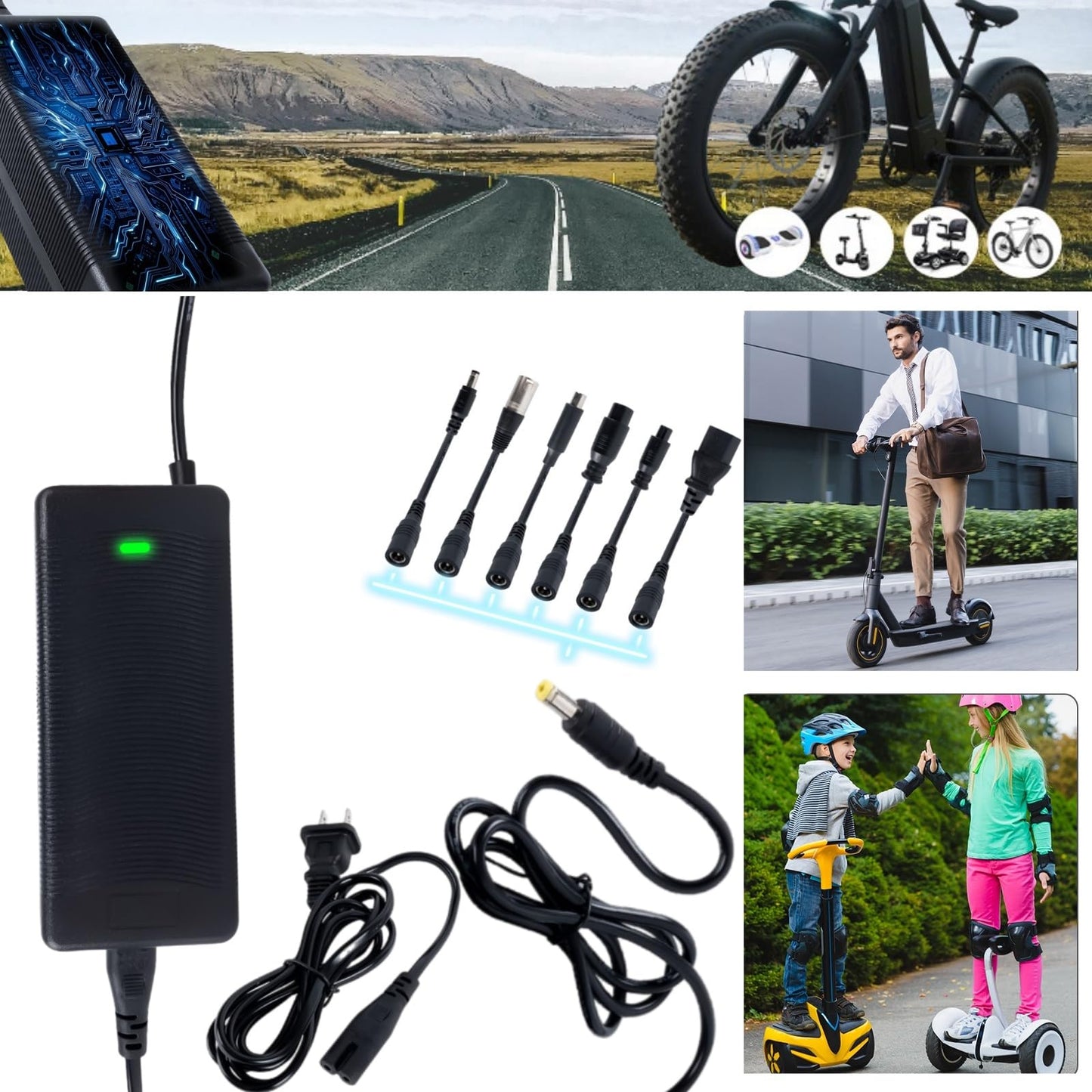 29.4V 2A Fast Charger 7 in 1 Plugs Universal for 24V 25.2V 25.6V 25.9V Lithium Battery, 7S Lithium Battery Replacement Charger for Gotrax,Jetson,Razor,Ninebot,etc