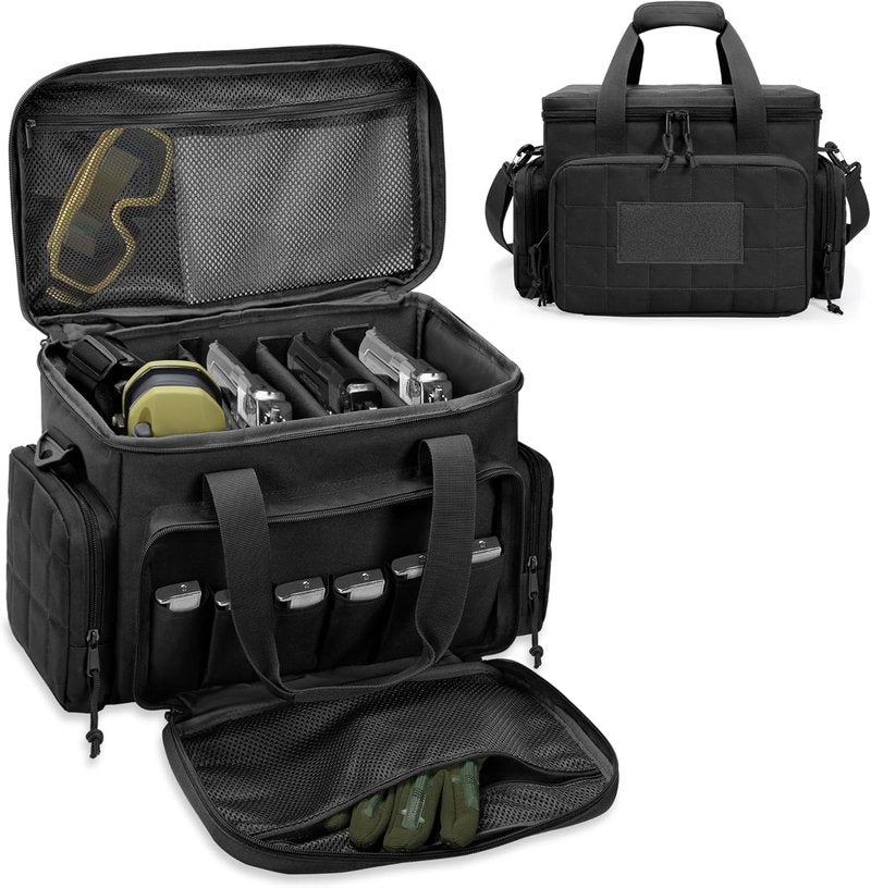 Gun Range Bag for 4 Handguns & Ammo - Tactical Pistol Case with 6 Magazine Slots | Padded Shoulder Strap, Durable Design