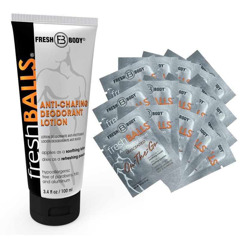 FRESH BALLS Set - Anti-Chafing Cream Ball Deodorant for Men, 3.4oz + On-The-Go Travel Size .07oz (15 pack) - Men's Anti-Chafe Lotion to Powder & Hygiene for Groin Area, No Talc or Aluminum