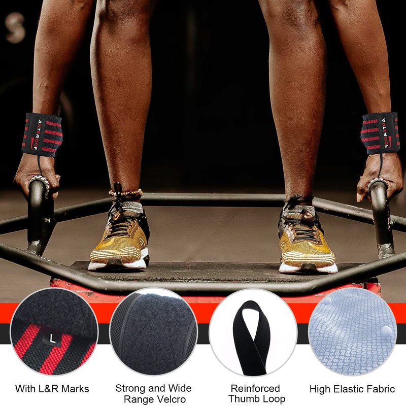 Knee Wraps + Wrist Wraps + Weight Lifting Straps Bundle (3 Pairs) for Weightlifting Bodybuilding Strength Training Workout Gym, Fitness Protective Set for Men & Women(Red)
