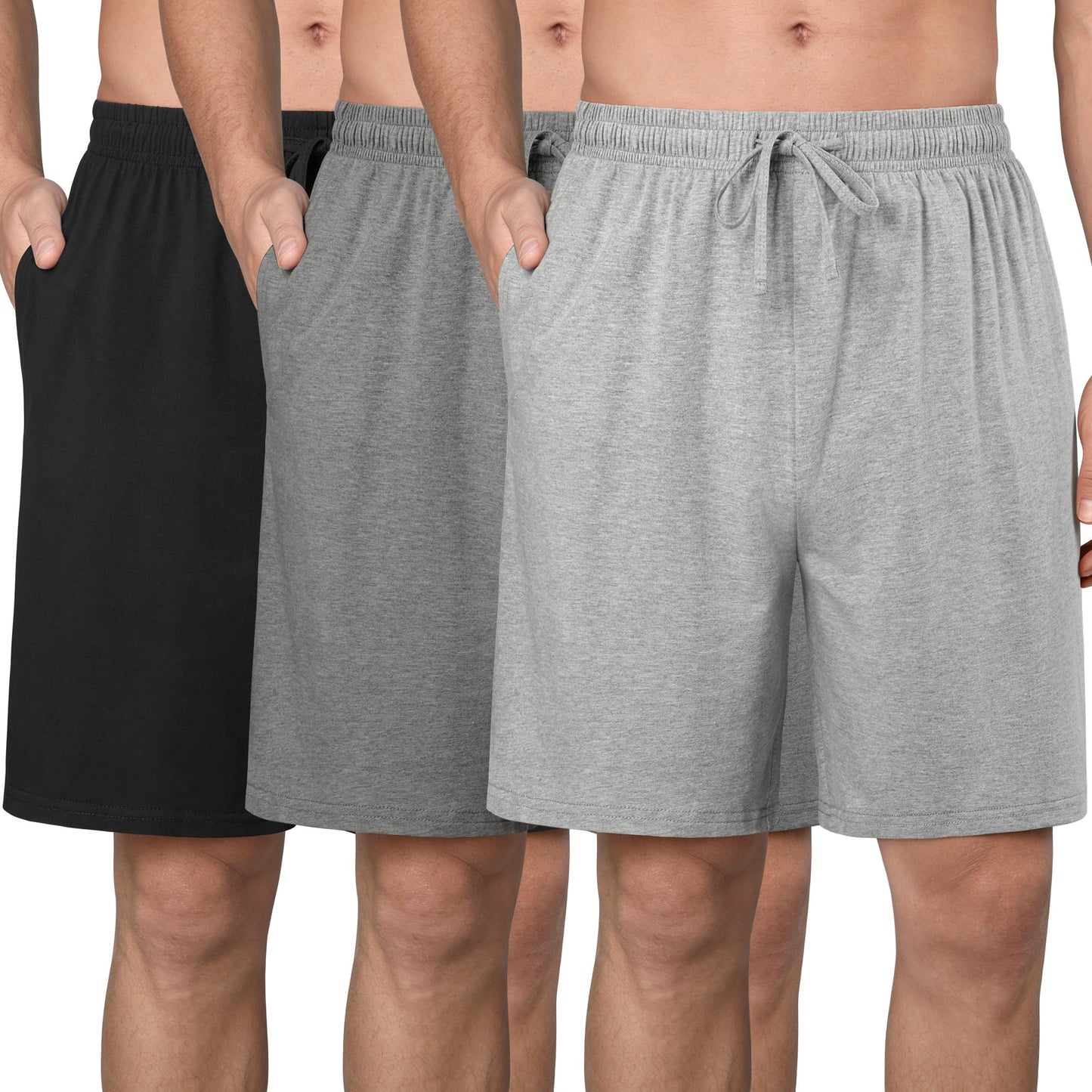 Wenouy 3 Pack Mens Cotton Pajama Shorts Soft Comfortable Lounge Shorts with Drawstring & Two Pockets Sleep Bottoms for Men Black, Gray, Light Gray XL