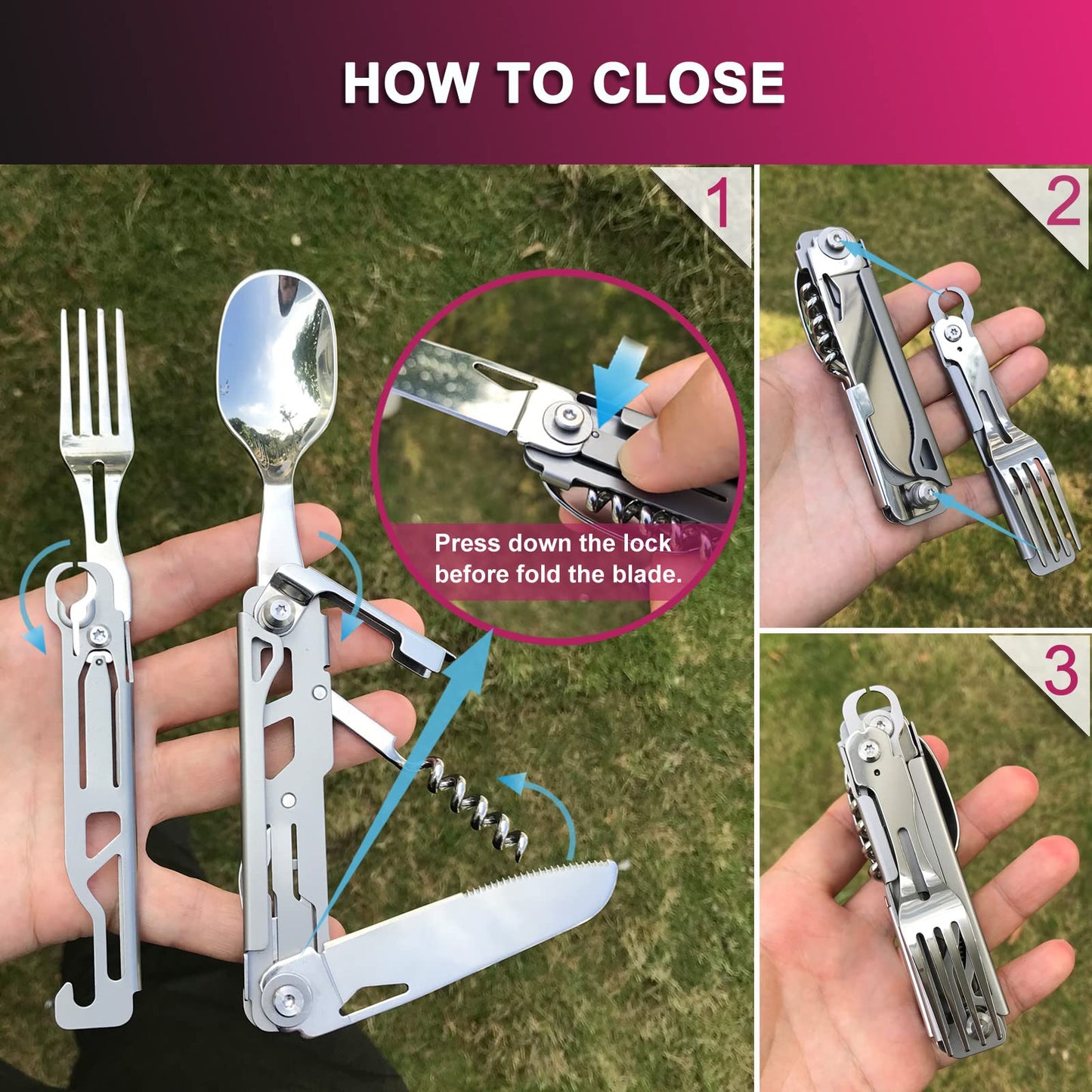 Joycube 6-in-1 Detachable Camping Utensils Flatware Set - Multi-Function Travel Pocket Cutlery Folding Spoon, Fork, Knife, Wine Bottle Opener Can Opener Portable Combo Set (Stainless Steel)