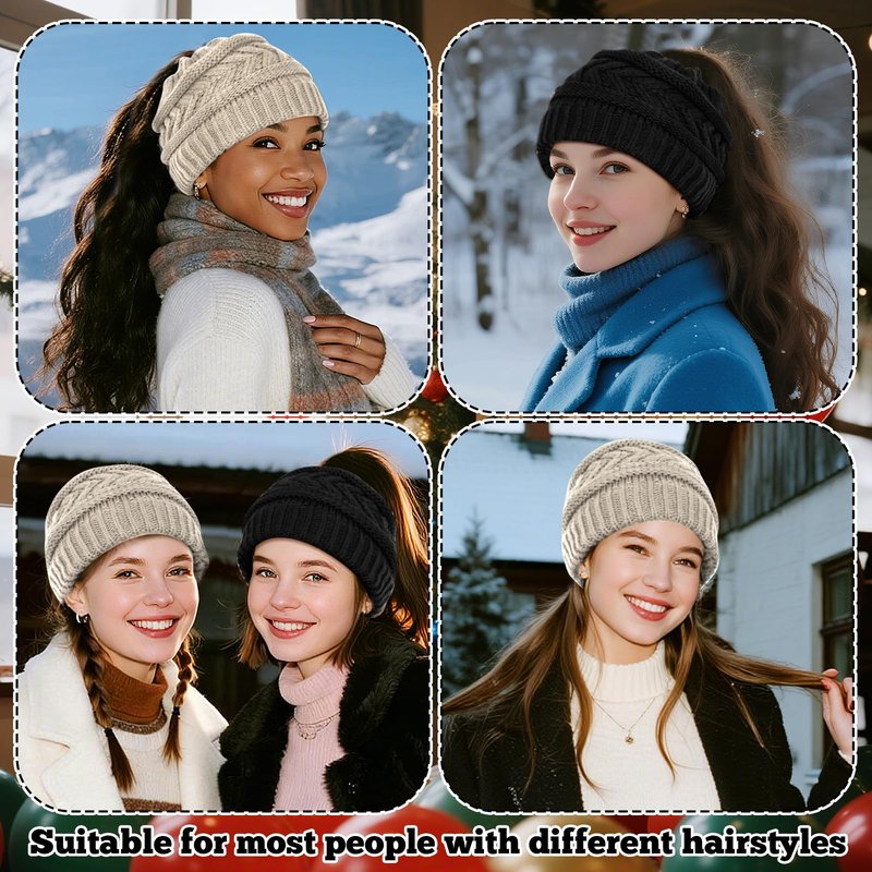 Yookat 2 Pack Ponytail Beanie Hat for Women High Bun Hats Skull Cap for Winter Black and Beige