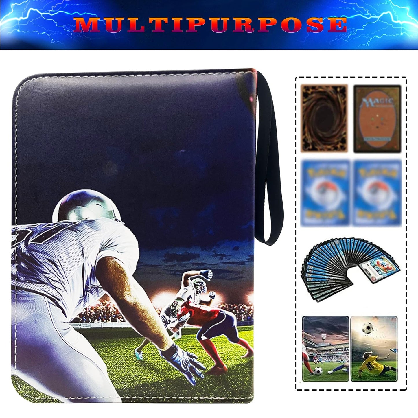 400 Cards Football Card Binder, 4-Pocket Card Collections Trading Card Binder 50 Pages Double-Sided Cards Holder with Zipper 3-Ring Card Album for Sports Football Card Sleeves Protectors