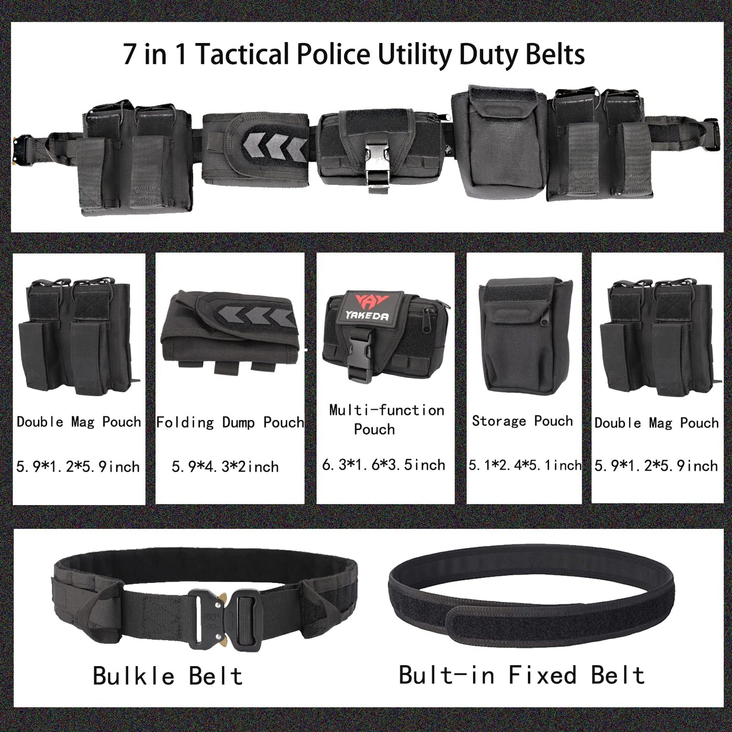 YAKEDA Tactical Battle Belt Duty Belts Law Enforcement Police Utility Belt With Pouches 7 in 1 (Black CP)