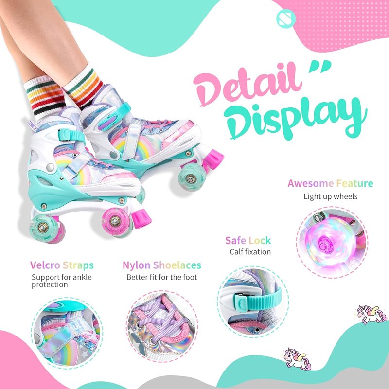 Rainbow Unicorn Roller Skates for Kids - Adjustable Protective Gear Set | Dazzle Small