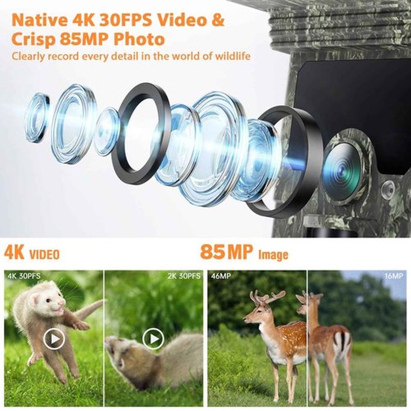 VOOPEAK 4K Trail Camera WiFi - 85MP 30FPS Solar Trail Camera with 850nm Night Vision, 120° Wide-Angle Motion Activated Game Cam, 0.1s Trigger, IP66 Waterproof for Wildlife Monitoring