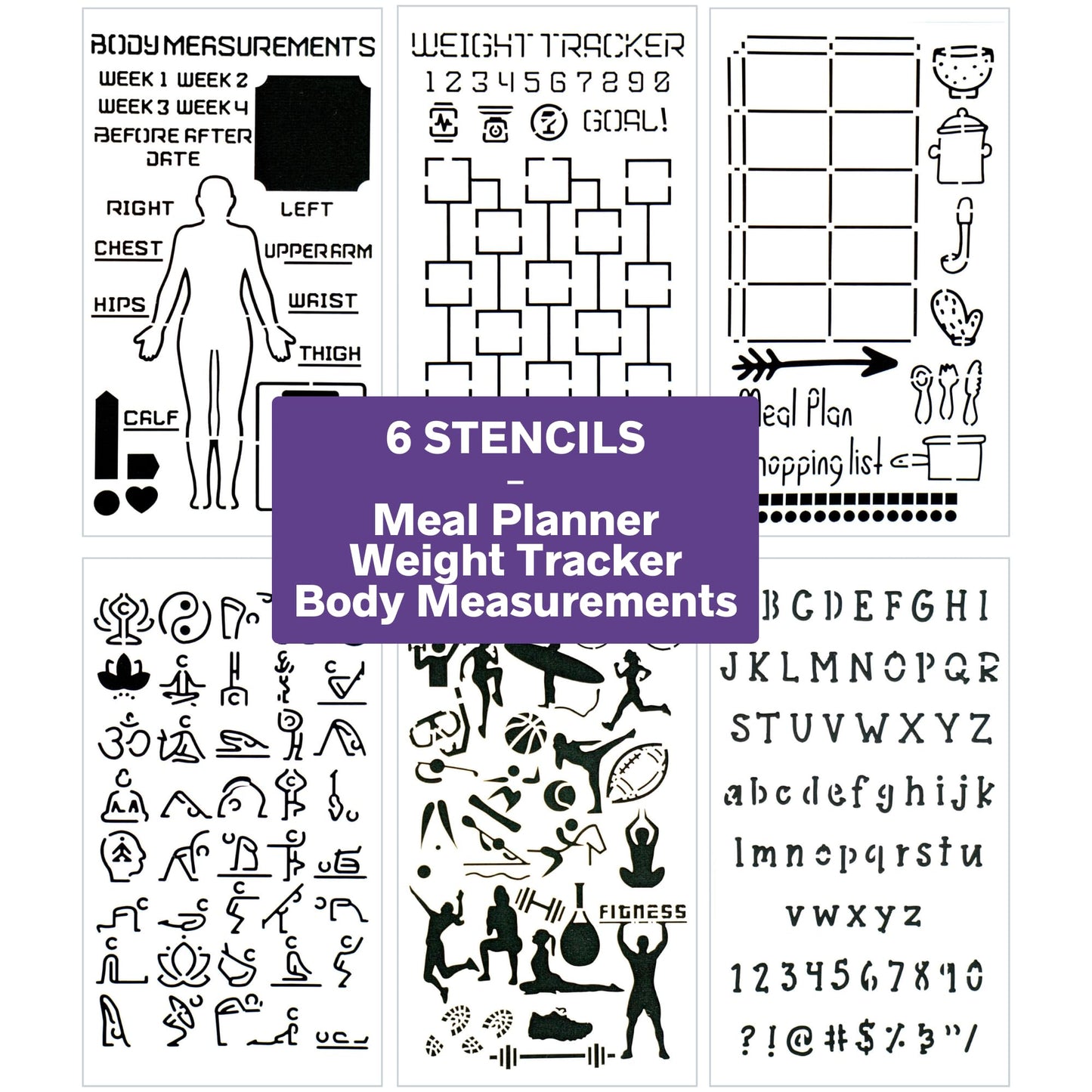 Health and Fitness Journal Stencil Set - Custom-Designed Supplies for Bullet Dot Journal Workout Planners with DIY Templates to Track Habits, Exercise, Weight and Meal Planning by Sunny Streak