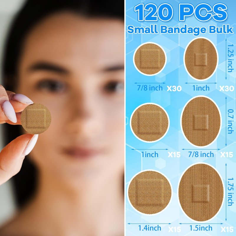 Geiserailie 120 Pcs Small Round Bandage Circle Oval Bandages for Face Fabric Adhesive Flexible Breathable Bandages Fabric for Small Wound Protection Care, 6 Sizes, 7/8'', 1'', 1.4'', 1.5 x 1.75''
