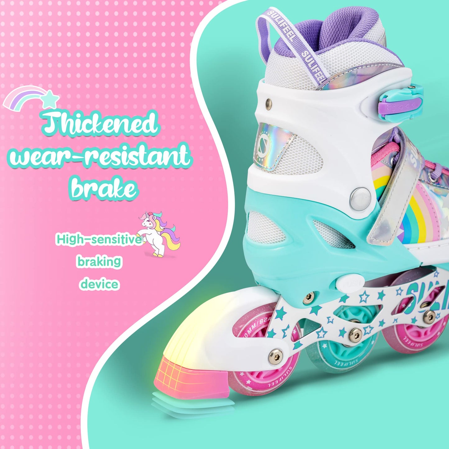 SULIFEEL Rainbow Unicorn Adjustable Inline Skates for Girls Boys and Kids with All Illuminating PU Wheels for Outdoor and Indoor Beginner Skates Medium