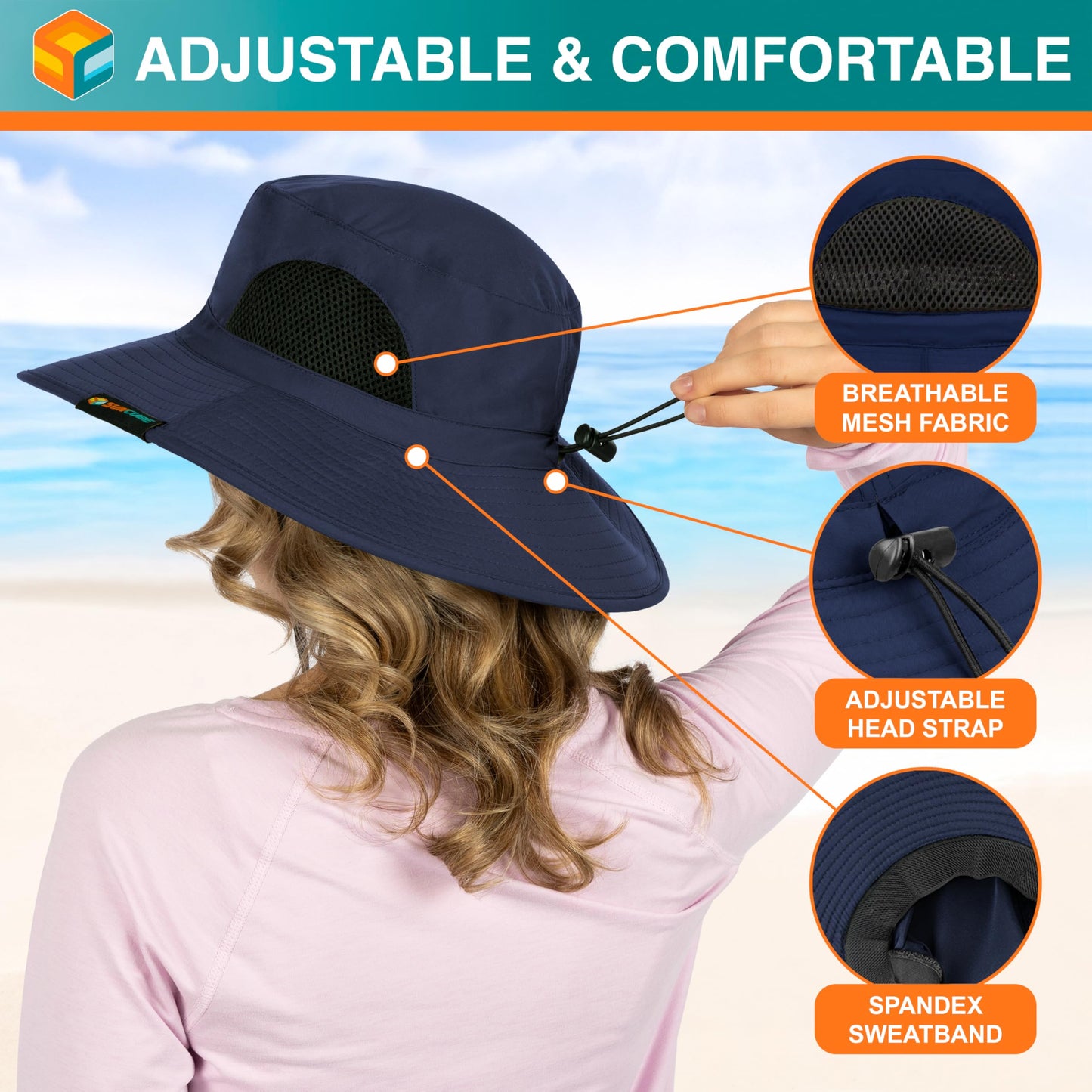 SUN CUBE Wide Brim Sun Hat for Men & Women, UPF 50+ UV Protection, Breathable Mesh Boonie Hat with Adjustable Chin Strap, Packable Fishing Hiking Safari Hat, Navy