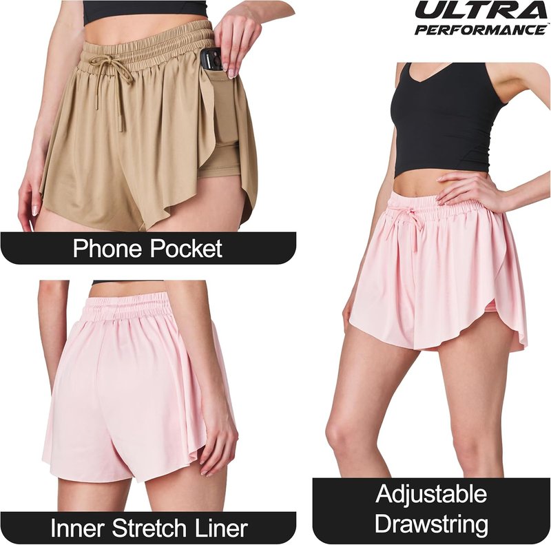 Womens Athletic Running Shorts - 2 Pack Butterfly Flowy 2-in-1 Gym Workout Summer Shorts