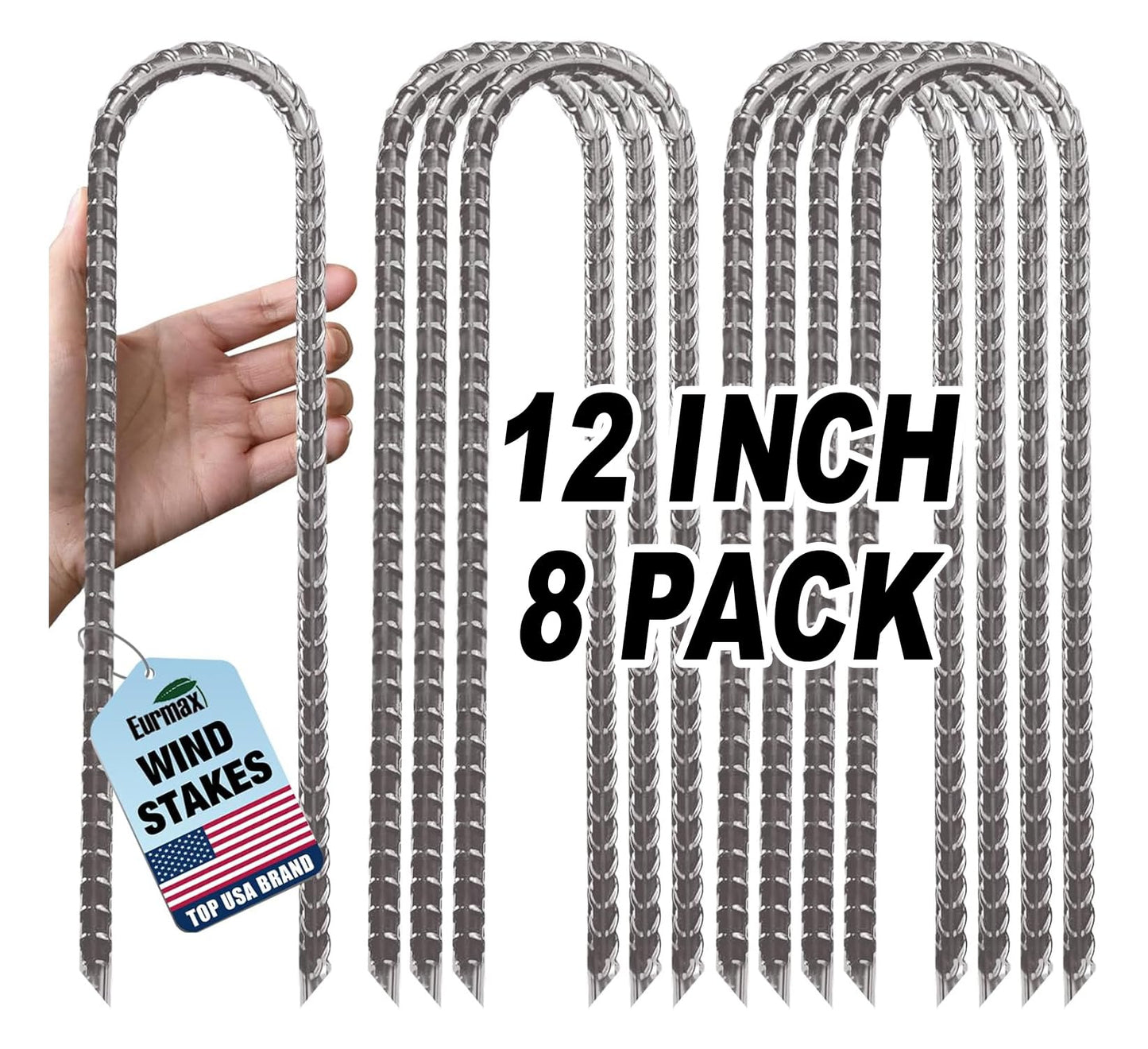 Eurmax USA 8-Pack U-Shape Ground Stakes,Rust-Proof Galvanized Steel Ground Anchors,Commercial Trampoline Stakes for High Winds,Secure Anti-Flip Tie Down for Soccer Goals,Swing Sets,Fences&Playsets