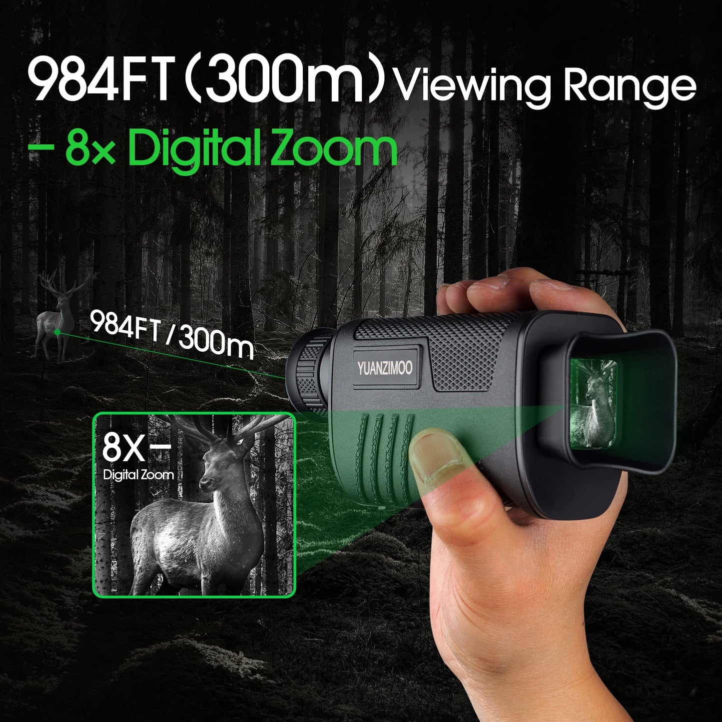 Night Vision Monocular Digital Infrared Monocular Telescope for 100% Darkness with 8X Zoom 2000mAh Rechargeable Battery Upgrade Tripod 32 GB SD Card & Card Reader, for Adult Hunting Camping Green