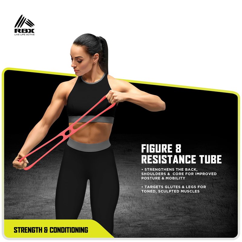 RBX 5 Piece Home Gym Workout Kit - Light, Medium, Heavy Resistance Bands, Figure 8 Resistance Tube, Pilates Core Sliders & Carry Bag