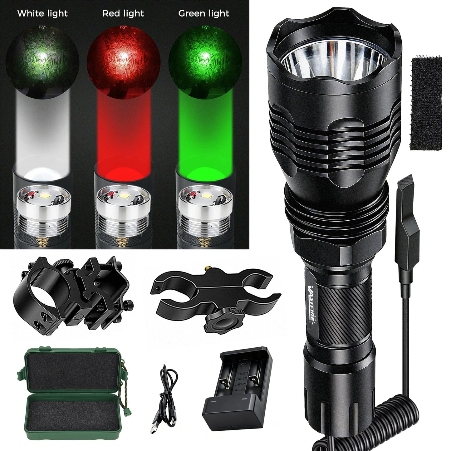 VASTFIRE Predator Light with Interchangeable (Red, Green, White) LED Hunting Flashlight with Scope Mount for Hog Coyote Coon Bobcat Raccoon Varmint Rabbit Night Hunting