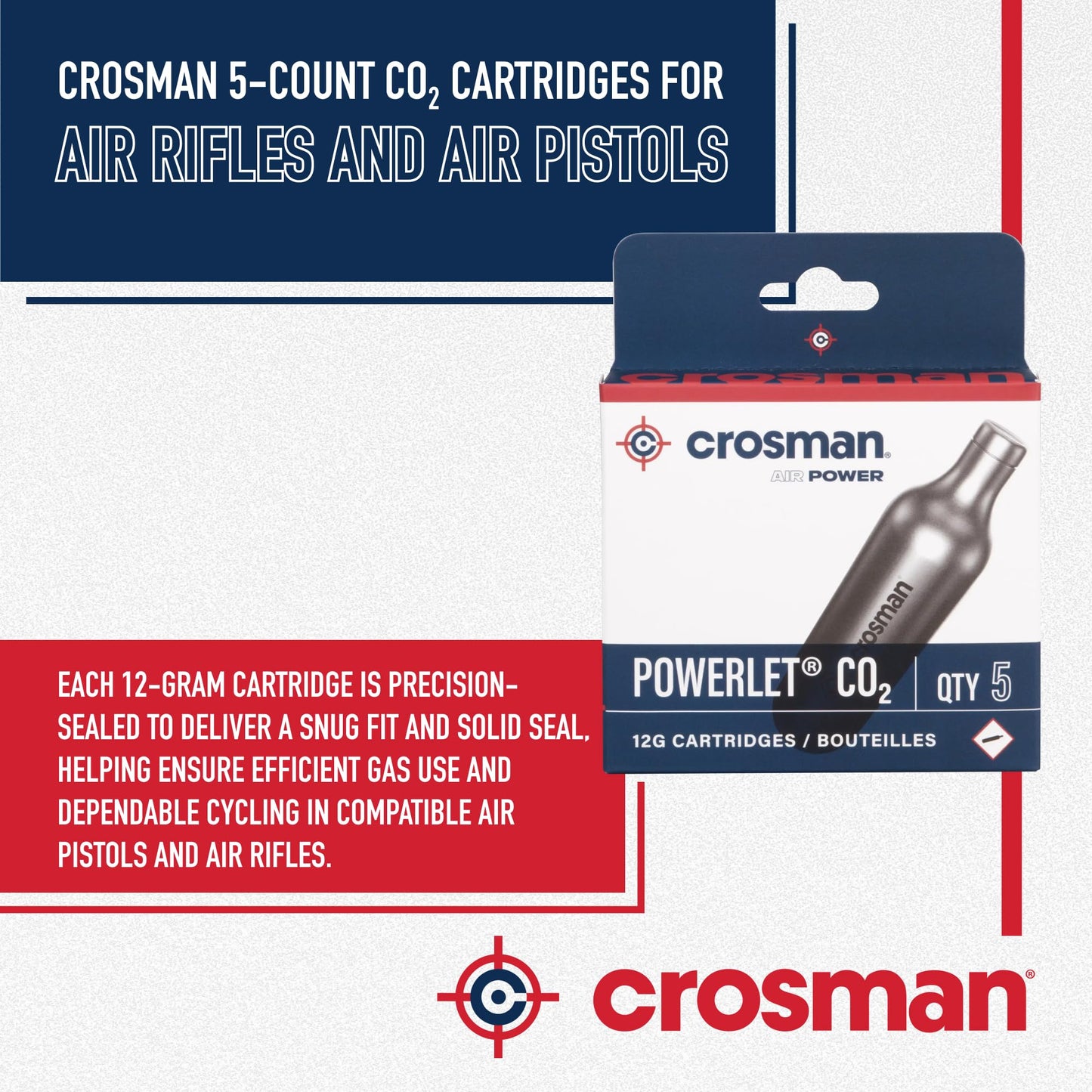 Crosman Powerlet CO2 Cartridges for Air Rifles, Air Pistols & Paintball - Snug Fit, Leak-Free Seal, Durable Metal Construction - Made in USA, Multi-Pack Options
