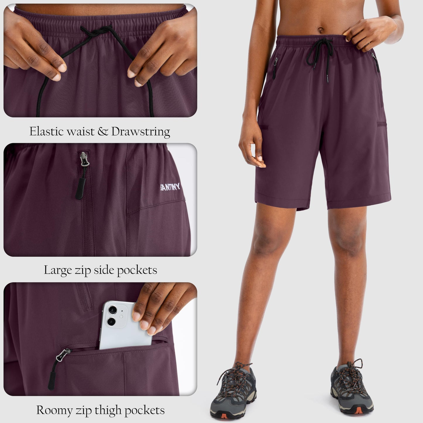 SANTINY Women's 5''/ 7''/9'' Hiking Cargo Shorts Quick Dry Lightweight Summer Shorts for Women Athletic Golf Zipper Pockets(Wine_L)