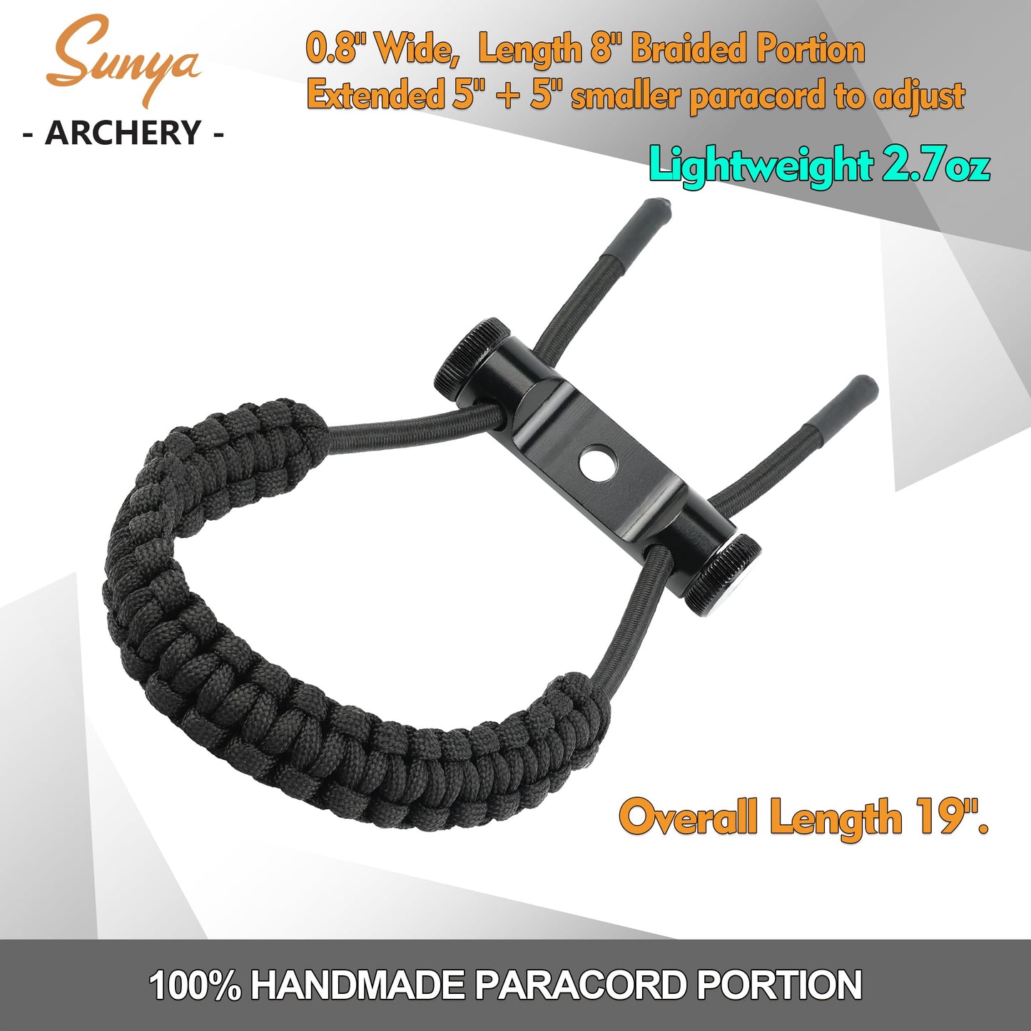 SUNYA Archery Bow Wrist Sling, 550 Paracord Strap with Stretch Lanyard. Fit Compound Bow Stabilizers (Aluminum Mount-Black)