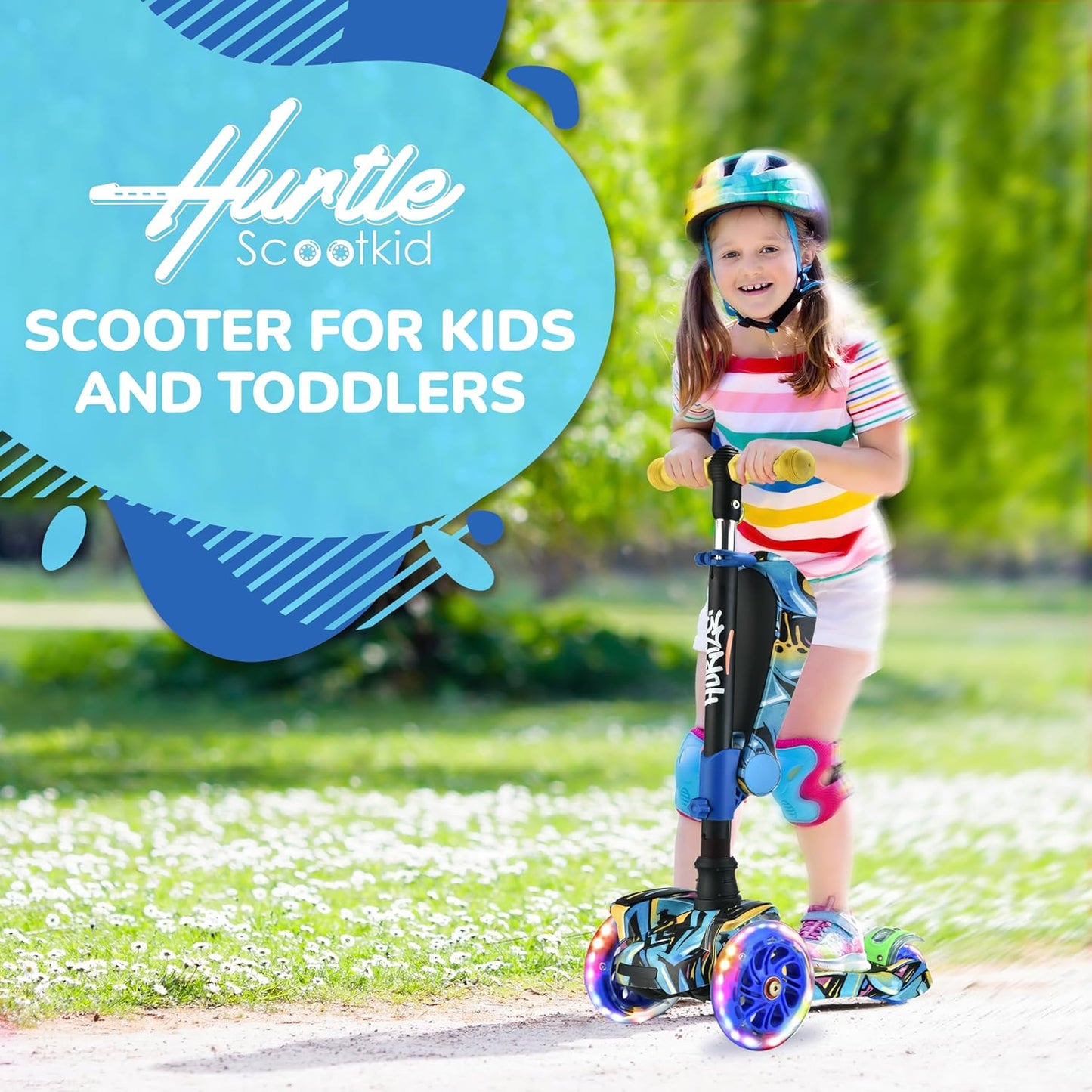 Hurtle 3-Wheeled Kids Scooter - LED Wheel Lights, Adjustable Handlebar & Foldable Seat | Sit or Stand Ride for Ages 1-14